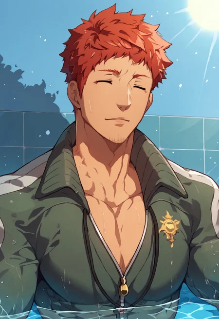 safe_pos, safe_pos, score_9, score_8_up, score_7_up, rating_nsfw, ultra hd, absurdres, solo, 1boy, masterpiece, best quality, best aesthetic, Expressiveh, wolfconf,

DeeperKanada, red hair, bara, closed eyes, stubble, jacket, swimming pool background, outdoors, sun, (portrait), headshot, looking at viewer