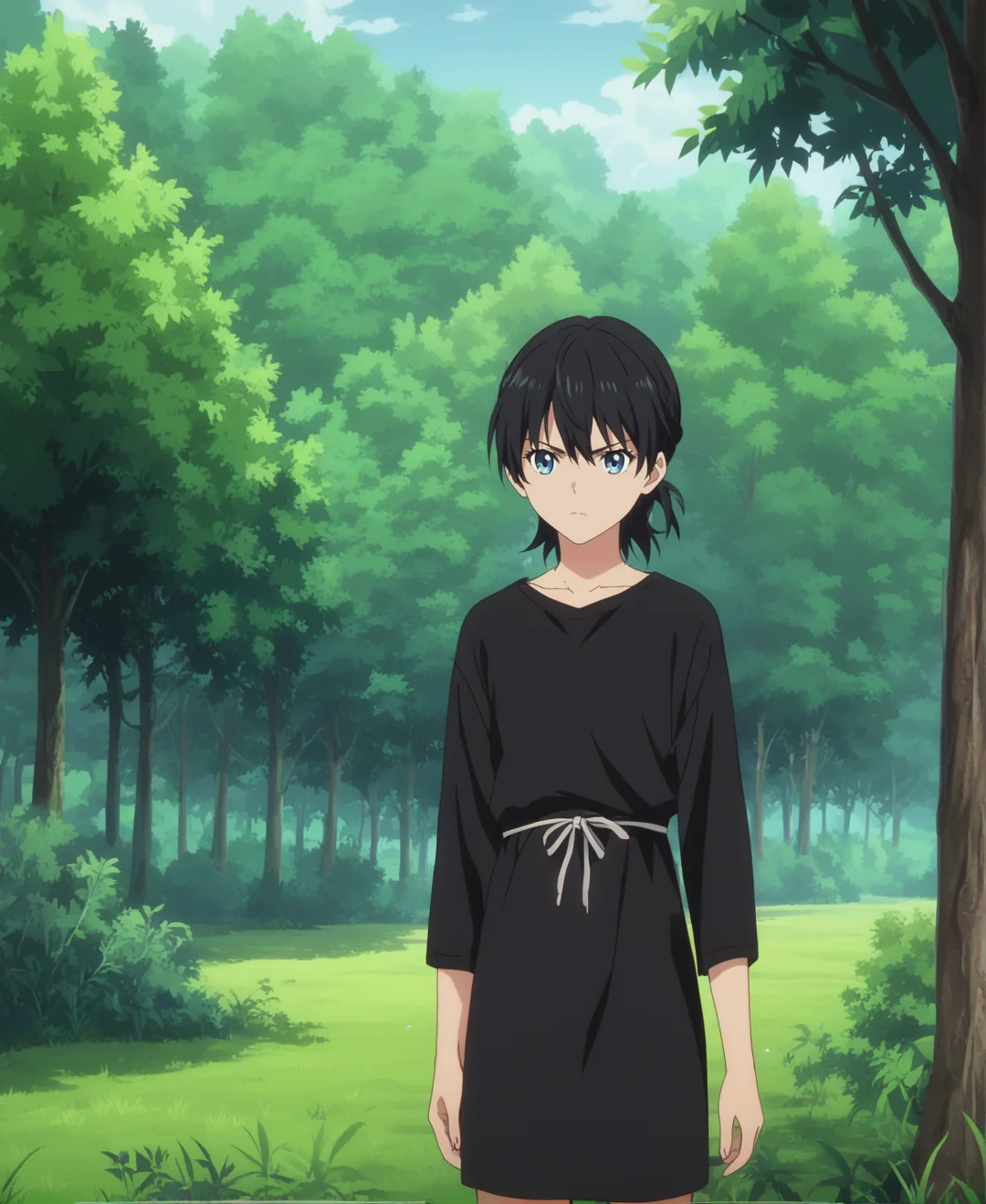 score_9,score_8_up,score_7_up,score_6_up,source anime BREAK, anime screencap,
1girl,black dress,blue eyes,black hair,scenery,cowboy shot,serious,forest,nature,sunset
<lora:Anime Screencap_epoch_10:1.2>