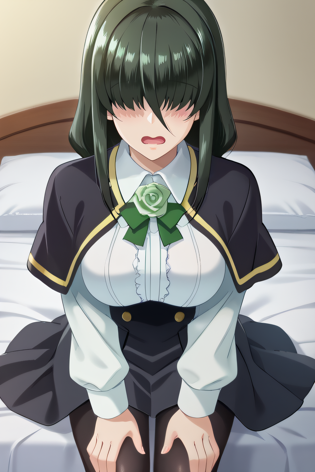score_9, score_8_up, score_7_up, source_anime, rating_safe, intricate details, anime screencap, official style, 1girl, solo, <lora:Kurosu_Reina:1>, reina, dark green hair, hair over eyes, covered eyes, long bangs, large breasts, black dress, school uniform, black capelet, collared shirt, white sleeves,white chest, green rose, black pantyhose, indoor, looking at viewer, cowboy shot, wavy mouth, open mouth, blush, sitting on bed, hands on knees