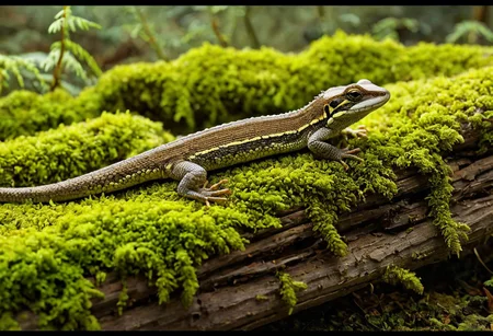 Cinematic, Cinematic Lighting, Cinematic Shot, extremely detailed, Film Still, macro photography, depth of field,  high detail, hires textures, incredibly detailed, intricate details, intricate diorama, masterpiece, Movie Still, outstanding intricacies, photorealism, true masterpiece, fountain background, glamourous, Stately, lizard, skink, cry5t415ku11, Pleocoma badia, Pacific Northwest conifer forest, sitting beneath a rotten log with mold and moss.
