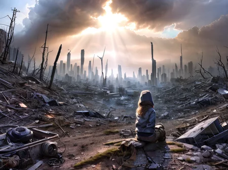 (disney:0.4)
(cartoon:0.3)
(pixar:0.8)
(3D:1.2),(Pui),(UHD:1.1), (nsfw:1.3),
(detailed background visible:1.2),
(Photorealistic:1.2),
1girl (wearing recycled material clothes) kneeling , on a hill in front of a destroyed (city in ruins:1.2), (dim lighting), glowing LED, danger, nuclear hazard symbol,
<lora:Wasteland:1> Wasteland, the, and, with, wasteland, background,
(hyper detailed:1.2),
(Style: subsurface scattering, analog style, realistic, film photography, highres photo, cinematic Lighting, trending on artstation, ((high quality:1.2, masterpiece:1.2)), (8k resolution),)