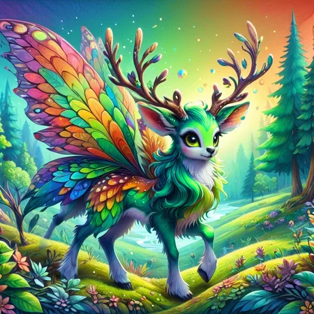 cr4y0n, fantastical appearance, fairy deer, vibrant landscape, warm to cool sky tones, colorful cartoon, green feathers, gradient colors, colorful <lora:Colorful_Crayons:1>