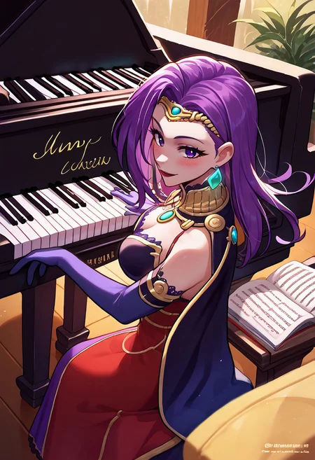 score_9, score_8_up, score_7_up, source_anime BREAK 1girl, solo, <lora:grandpiano-concept-richy-v1_pdxl:1> grand piano, sitting, smile, looking at viewer, from above, from side, blush, <lora:grandpiano-concept-richy-v1_pdxl:1> grand piano, sitting,mlsonbmg, breasts, cape, circlet, cleavage, dress, earrings, elbow gloves, jewelry, large breasts, red lips, long hair, purple eyes, purple hair <lora:sonya-pdxl-feg:1>, seductive smile, eye shadow