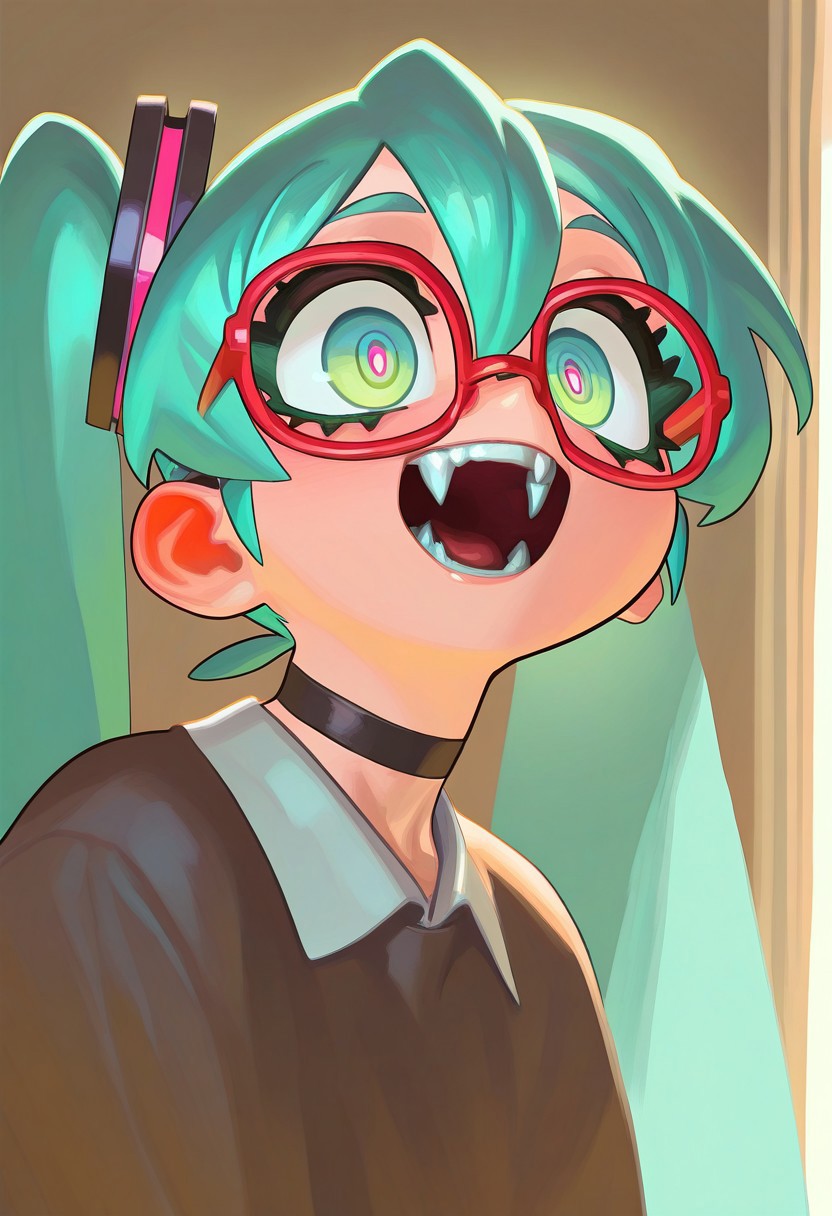 ZolicPSTL_ST, masterpiece, best quality, very aesthetic, high resolution, ultra-detailed, absurdres, newest, extremely detailed eyes, beautiful, perfect lighting, hi res, amazing quality, very awa, Brightly Lit, Highly Visible, 8k, sharp focus, beautiful, perfect lighting, volumetric lighting, scenery, painting_(artwork), aqua hair, green eyes, red-framed eyewear, teeth, fangs, black choker, hatsune miku, paw pose, hatsune miku