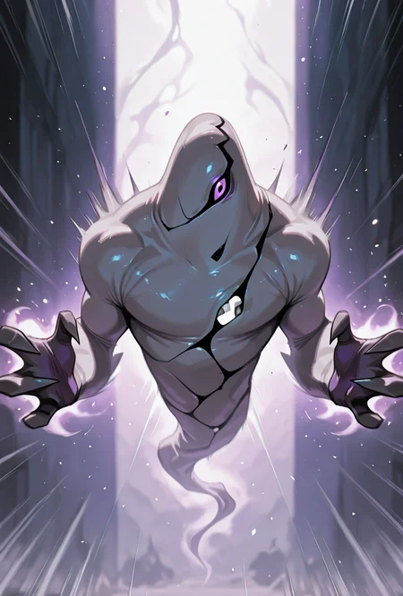 <lora:ghostfreak-08:1> ghostfreak, solo, no humans, purple eye, ghost, floating, particles, dynamic pose, upper body, claw pose, clawing hands,,  big arms,  leaning to side, zoomed in shot, <lora:Fly [IL]:1> flying, speed lines, motion blur, masterpiece, best quality, amazing quality, very aesthetic, absurdres, newest,
