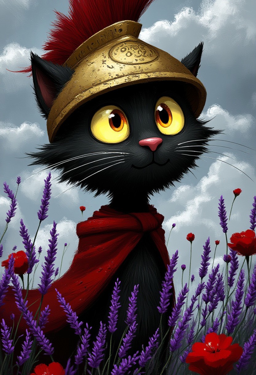 A whimsical illustration of a proud, elongated black cat with enormous, fierce golden eyes in dark whimsical art style, wearing a weathered bronze Spartan helmet with flowing red plume, tattered crimson cape billowing dramatically, leather and bronze battle armor adorned with ancient patterns, digital painting with bold brushstrokes showing textured fur and battle-worn metal, purple lavender and red poppies swaying in wind beneath stormy sky, characteristic Tim Burton inspired design with eyes blazing like warrior's fire