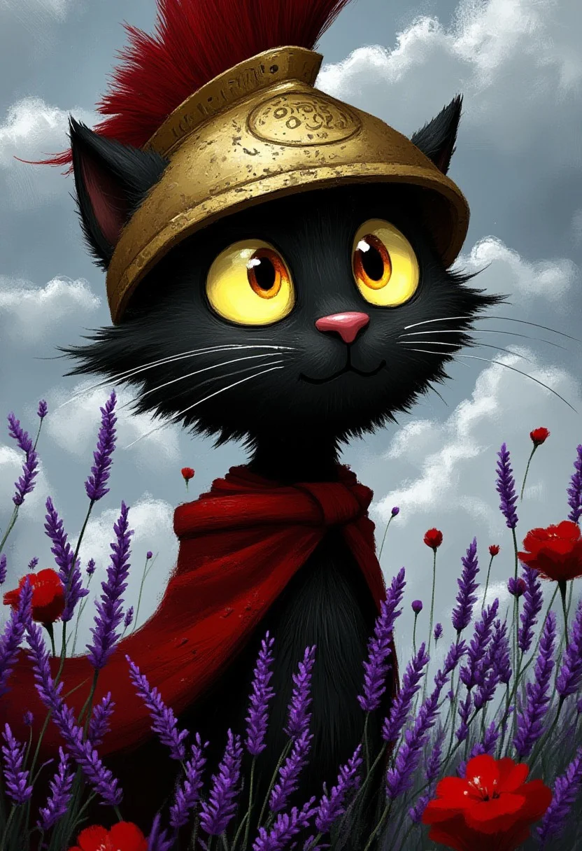 A whimsical illustration of a proud, elongated black cat with enormous, fierce golden eyes in dark whimsical art style, wearing a weathered bronze Spartan helmet with flowing red plume, tattered crimson cape billowing dramatically, leather and bronze battle armor adorned with ancient patterns, digital painting with bold brushstrokes showing textured fur and battle-worn metal, purple lavender and red poppies swaying in wind beneath stormy sky, characteristic Tim Burton inspired design with eyes blazing like warrior's fire