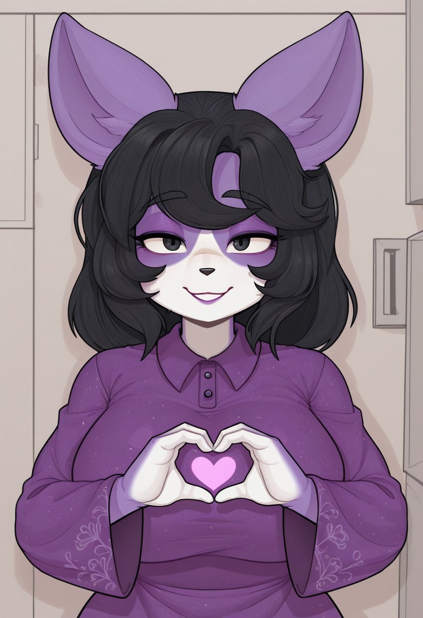 sajji,  1girl, solo, medium build, medium hair, sfw, safe for work, covered skin, flowy dress,  black eyes, purple lipgloss, smiling, portrait, upper body, heart hands, foreshortening, detailed, newest, furry female, furry, anthro