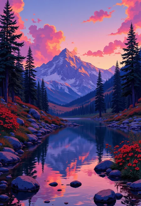 j_art, an idyllic mountain lake, woodland, distant mountains, sunset, the image reflected in the water, vibrant colours