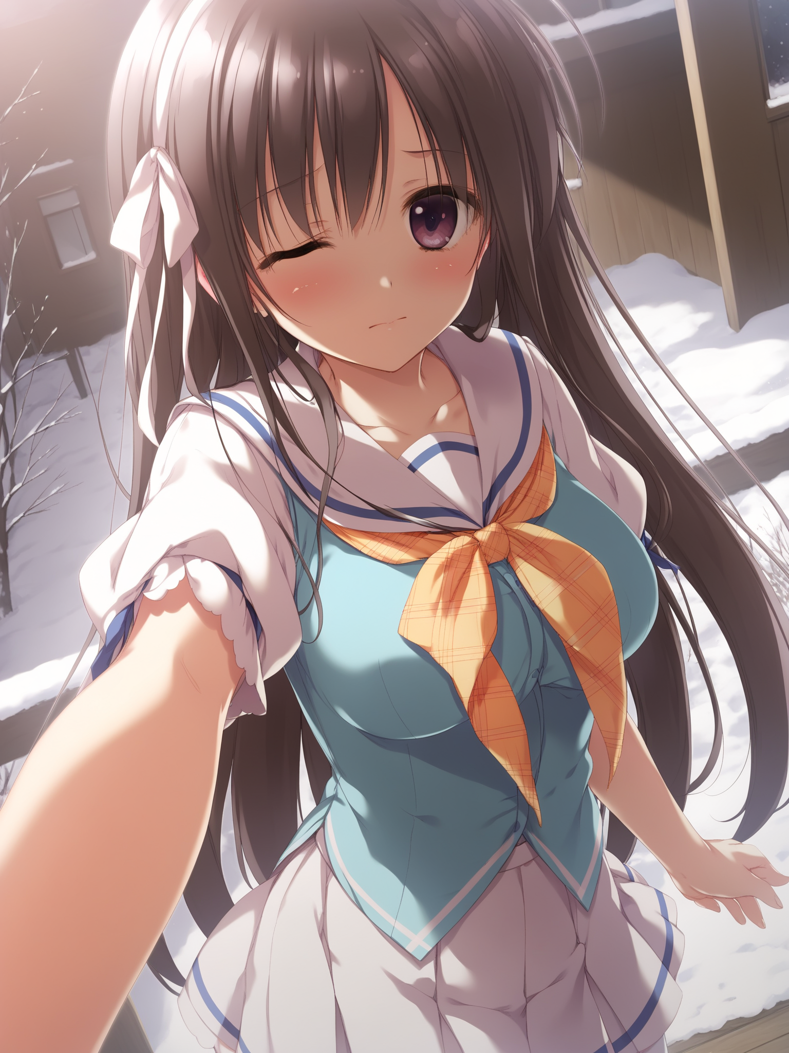 1girl, 
score_9, score_8_up, score_7_up, rating_explicit, (BREAK:-1), source_anime, Himeno_Towa, solo, solo focus, purple eyes, long hair, black hair, ahoge, hair ribbon, white ribbon, hairband, white hairband, large breasts, school uniform, serafuku, blue serafuku, ribbon, orange ribbon, skirt, white skirt, thigh, thighhighs, white thighhighs zettai ryouiki, looking at viewer, pov, dutch angle, (winter:1.1), (noon:1.1), dim lighting, natural lighting, pov one eye closed, embarrassed, closed mouth, blush, blue ribbon, blue sailor collar, standing, sailor collar, breasts, very long hair, confession, blue skirt, arm up, pleated skirt, neck ribbon, outstretched hand, 
masterpiece, best quality
 <lora:Himeno_Towa_Pony_v1:0.7>