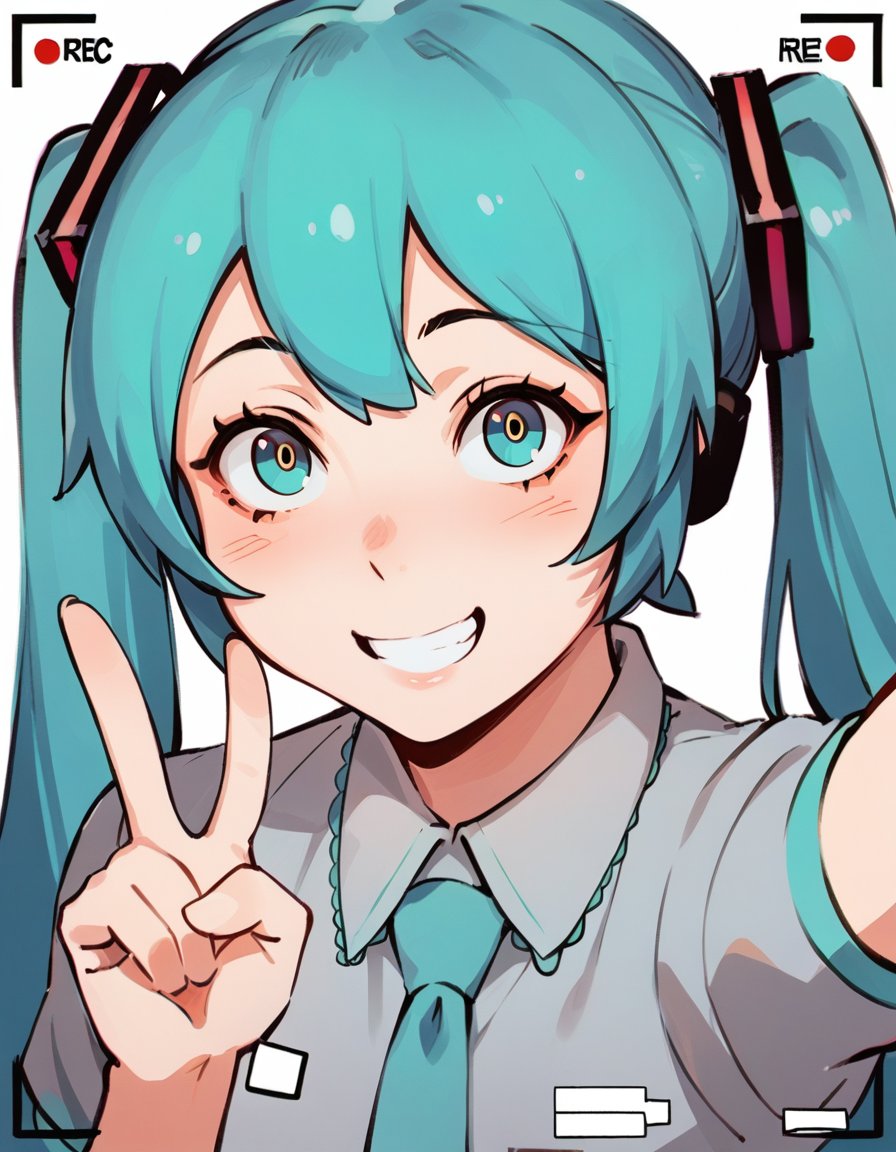 score_9, score_8_up, score_7_up, score_6_up, score_5_up, score_4_up, source_anime, BREAK  <lora:Ilya_Kuvshinov_Artist_STL3_ponyXL:1>
 hatsune_miku, solo, 1girl, smile, adorable face , cute, long eyelashes, elbow out of frame, one hand out of frame, necktie, selfie, closeup, recording, pov, v sign, upper_body