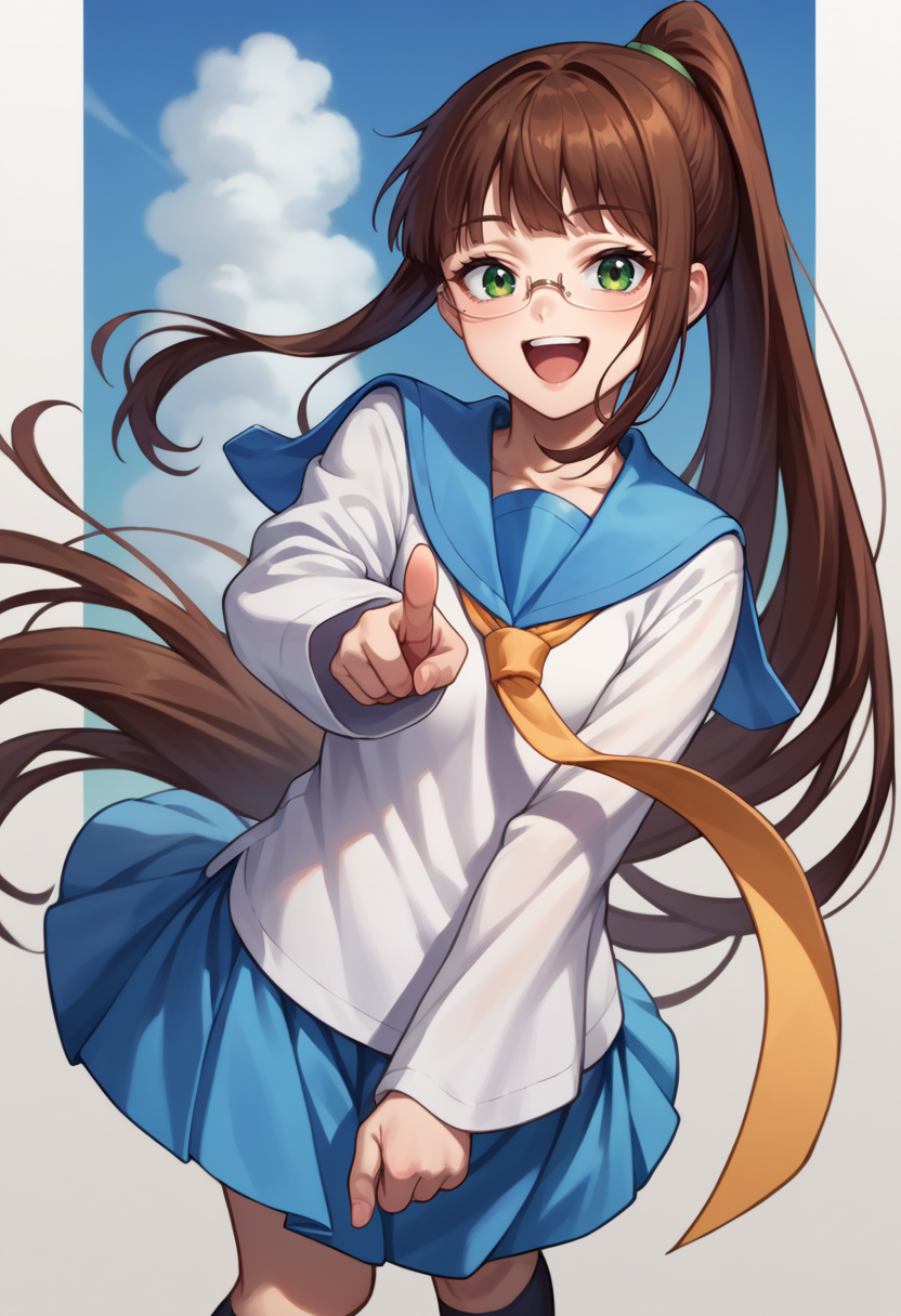 score_9, score_8_up, source_anime, 1girl, RuriMiyamoto, brown hair, bangs, very long hair, ponytail, green eyes, glasses, serafuku, long sleeves, blue sailor collar, yellow necktie, blue skirt, kneehighs, black socks, laughing, pointing at viewer, <lora:ChamRuriMiyamotoPonyXL:1>