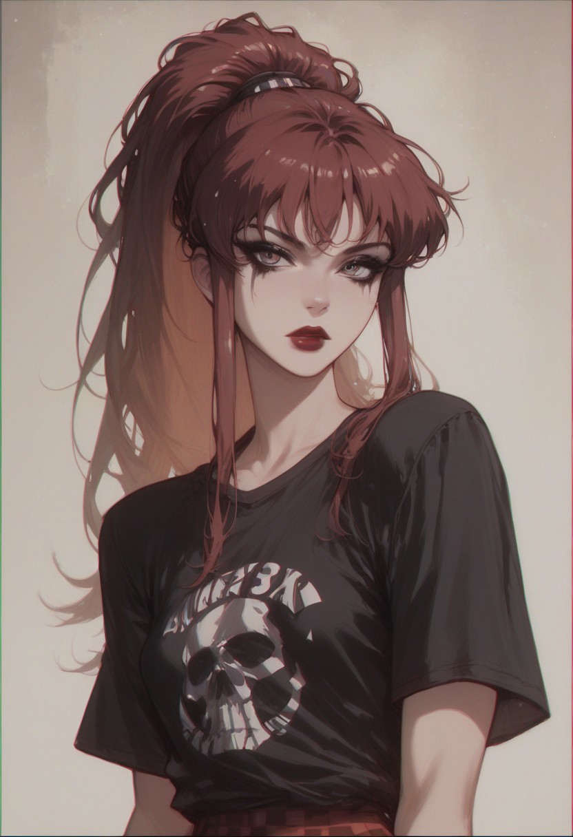 score_9, score_8_up, score_7_up, (portrait), 1girl, (straight hair, burgundy hair, straight bangs, straight bangs, ponytail), black makeup, red lipstick, black t-shirt, checkered red panties, (flat breasts), Vintage, 1990s \(style\)