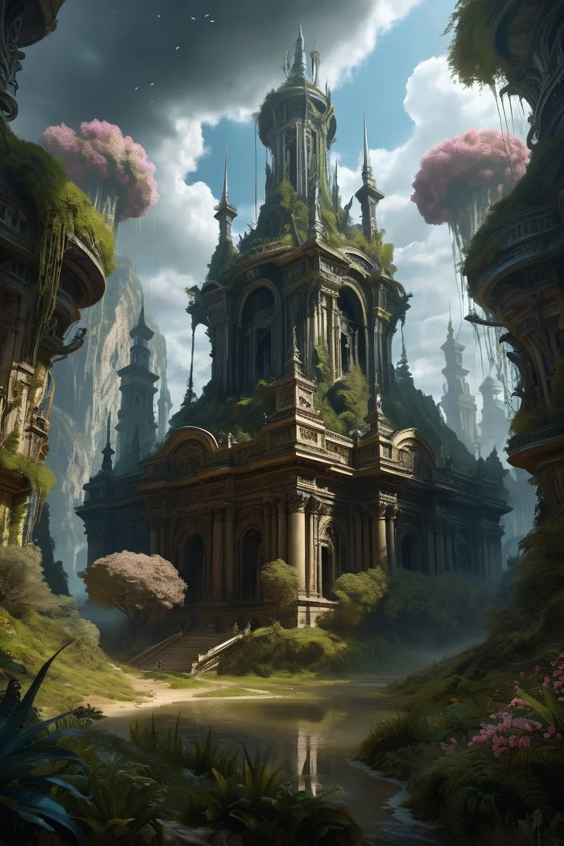 old-growth forest featuring thick canopies ,blood-magic arenas where crowd screams manifest pain elementals, the sands stained with volatile alchemical mixtures, river, midday,weather steamy gently cinematic view, epic sky, detailed, concept art, medium angle, high detail, warm lighting, volumetric, godrays, vivid, beautiful, trending on artstation, by H.R. Giger, huge scene, grass,flower, art greg rutkowski,