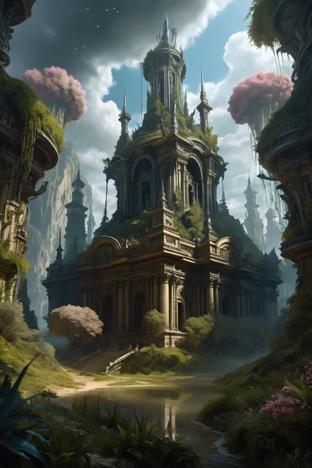 old-growth forest featuring thick canopies ,blood-magic arenas where crowd screams manifest pain elementals, the sands stained with volatile alchemical mixtures, river, midday,weather steamy gently cinematic view, epic sky, detailed, concept art, medium angle, high detail, warm lighting, volumetric, godrays, vivid, beautiful, trending on artstation, by H.R. Giger, huge scene, grass,flower, art greg rutkowski,