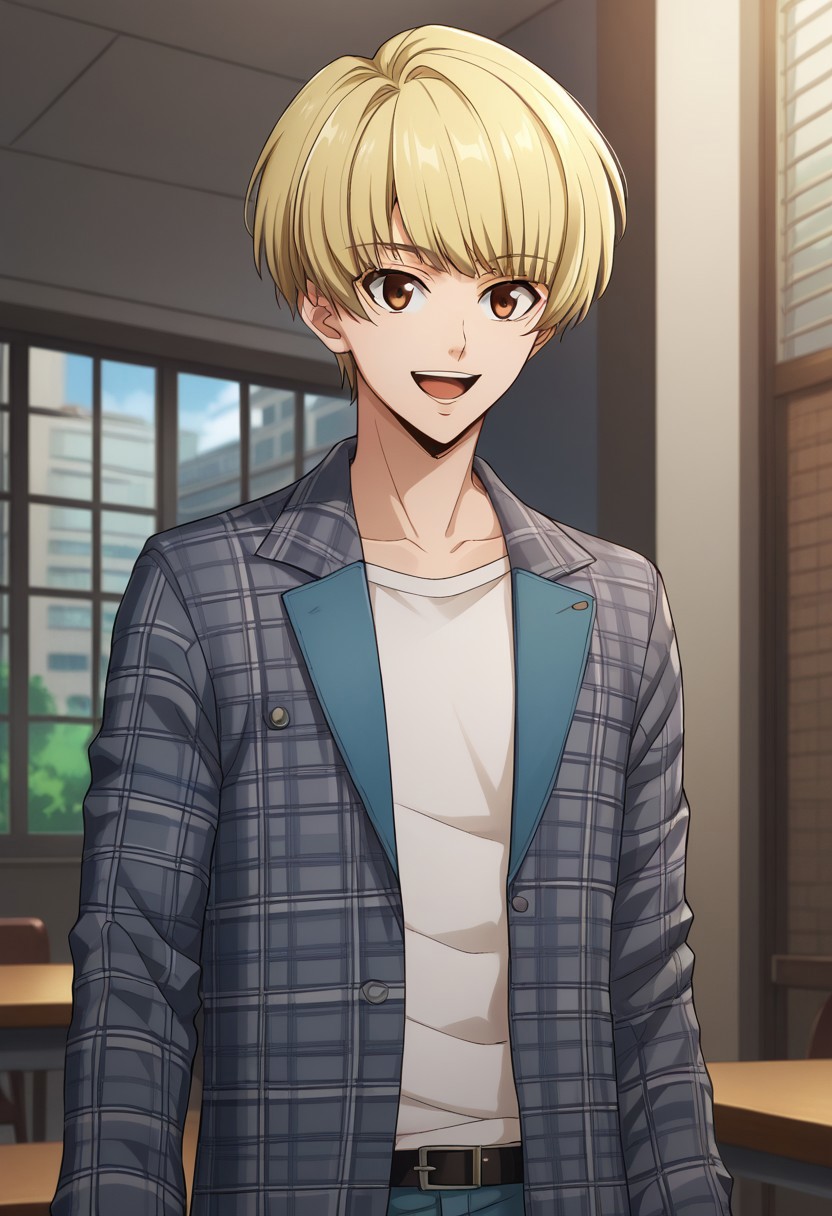 score_9, score_8_up, score_7_up, source_anime, highly detailed, 
banri, solo, 1boy, male focus, blonde hair, brown eyes, upper body, smile, pants, open mouth, belt,
jacket, denim, shirt, plaid, plaid shirt, open shirt, open clothes, grey shirt, long sleeves, upper body