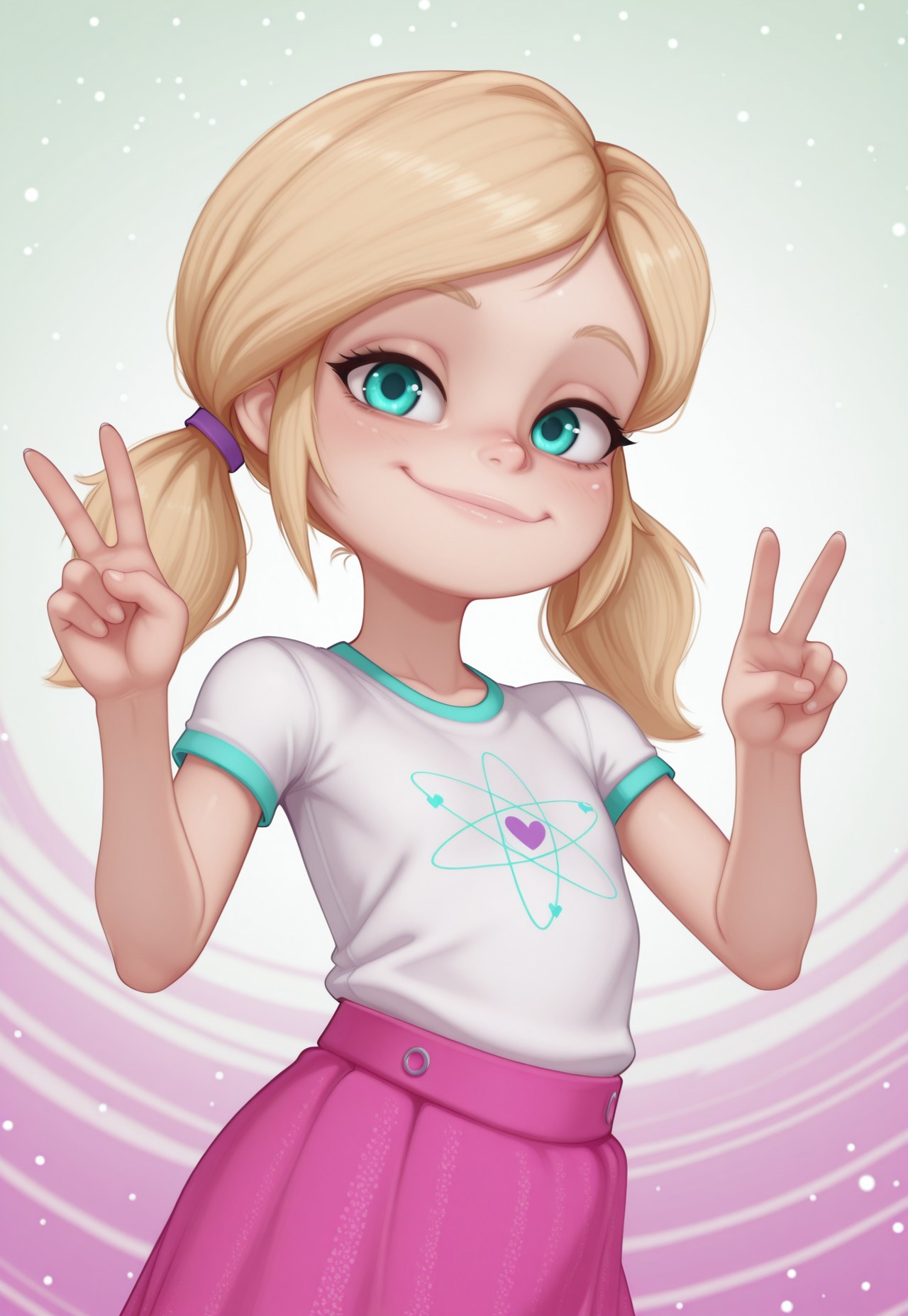 fc7ilf, chelsea_illus_casual, twintails, aqua eyes, blonde hair, white shirt, short sleeves, pink skirt, leggings, 1girl, solo, abstract background, looking at viewer, upper body, smile, v, dynamic pose,