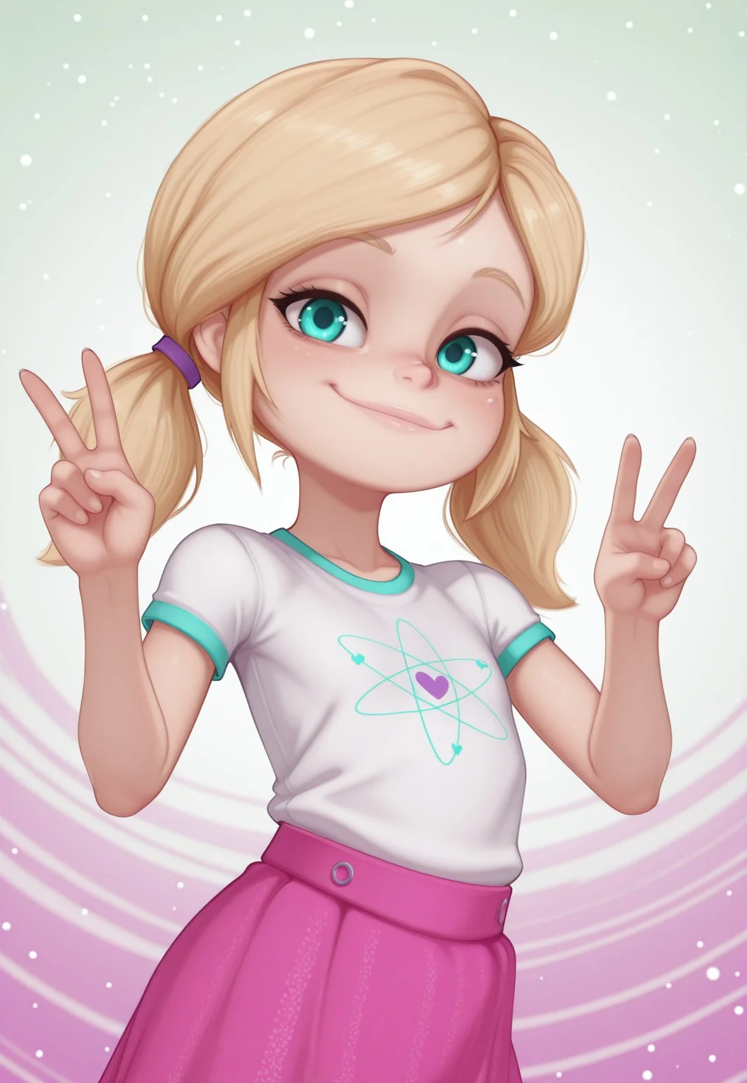 fc7ilf, chelsea_illus_casual, twintails, aqua eyes, blonde hair, white shirt, short sleeves, pink skirt, leggings, 1girl, solo, abstract background, looking at viewer, upper body, smile, v, dynamic pose,