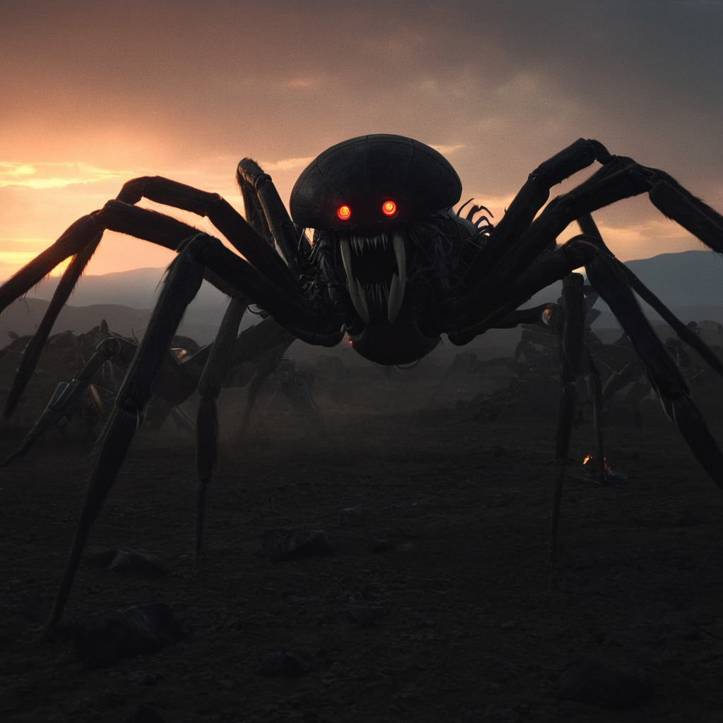 cinematic film still of  <lora:LoDe+Ro style:1>
a giant spider alien creature with a huge head and legs,open mouth,outdoors,field,sky,teeth,no humans,night,fire,robot,sharp teeth,mecha,science fiction,monster,giant,LoDe+Robots Style,Love Death + Robots style,Love,Death & Robots style,animated,horror,dark,black,apocalyptic,dystopian,domination , dramatic light, cyberpunk, LoDe+Ro style, shallow depth of field, vignette, highly detailed, high budget, bokeh, cinemascope, moody, epic, gorgeous, film grain, grainy