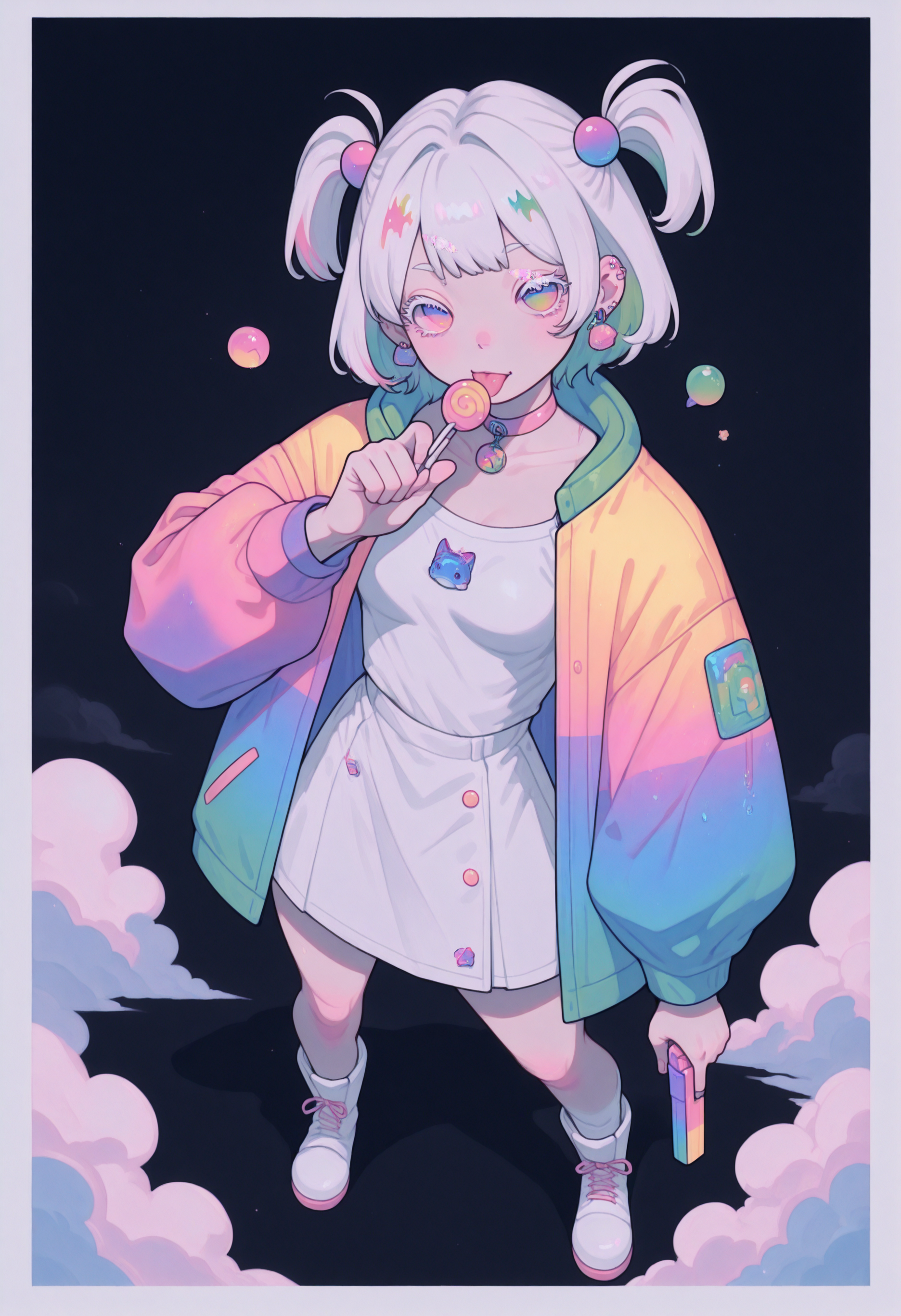 8k, 4k, masterpiece, vibrant colors, best quality, ultra detailed, highly detailed, hyper-detailed,
(from high above,  fish eye),
rainstorm,
(clothes and hair blown strongly by the wind, disheveled hair),
BREAK
full body ,
dynamic  portrait of stunning girl pointing pistol at viewer, heroic pose, short bangs, multicolored white hair, bobcut hair,
pastel cyan eyes, choker, hair over one eye,
small breasts, ear pierces,
ultra detailed decorative victorian gossamer clothes, over sized holographic color hazard jacket,
white short boots,
dark noisy pastel gradient green abandoned park background (with extremely thick white border on all four sides ),
half closed eyes, unfocused eyes,
emotionless, looking away, white thick eyelashes,
(licking a lollipop), pointing orange  multicolored pistol at viewer, dramatic perspective,
thick clouds in background,
,
holographic color highlights, backlight,
eye_focus, g0thic, qxys, neon, [[[[flowing hair]]]], Flatline, haiz_ai,
gyuing_illu, chromatic aberration,
<lora:eye_focus:0.35>
<lora:holographiccolor:0.66> <lora:TrendCraft_The_Peoples_Style_Detailer-v1.0A-3_13_2025-illustrious:0.125>
<lora:flatline:1.25>
<lora:gyuing666:0.75>   <lora:PetraStyle:0.8>