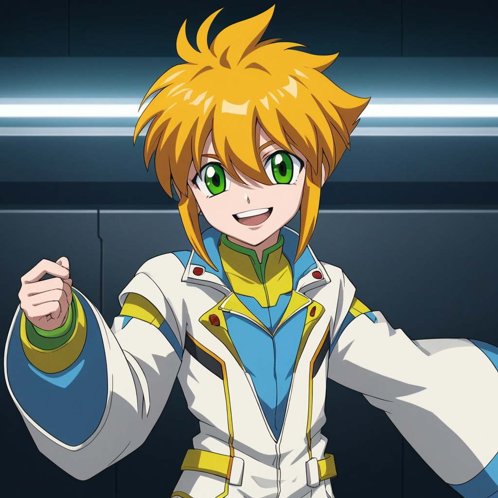 bob hairstyle with bangs that cover part of his forehead. His eyes are large and green, with a fringe that falls slightly over his forehead. He has large, as he gazes forward. He has a small, as he appears to be in mid-action. He is dressed in a futuristic, joyful smile. His skin tone appears to be a soft, futuristic outfit that includes a white and blue jumpsuit with a high collar, The image is a vibrant digital drawing in an anime style