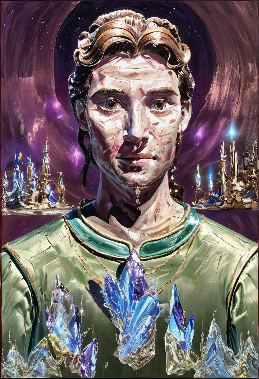 imagine A fantastical still life scene: a table cluttered with artifacts from a forgotten civilization. Focus on glowing crystals radiating soft light, ancient astrolabes etched with unknown constellations, maps of the cosmos inscribed on dragon-hide parchment, and a semi-transparent vial filled with shimmering liquid starlight. Capture intricate details of each object, highlighting their age and otherworldly origin. Consider the lighting, creating a sense of mystery and wonder. Style: highly detailed digital painting, reminiscent of Renaissance masters (e.g., Caravaggio, Rembrandt) but with a fantasy twist. Color Palette: rich, warm tones contrasted with cool blues and greens from the glowing elements. Composition: carefully arranged to draw the viewer's eye to the vial of liquid starlight as the central focus. Keywords: forgotten civilization, artifacts, glowing crystals, dragon-hide parchment, liquid starlight, Renaissance, Caravaggio, Rembrandt, digital painting, fantasy, still life, cosmic, astrolabe.
