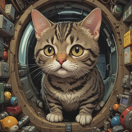 anime sci-fi art, (Olive theme:0.7) , Chibi American Shorthair Cat, from inside a Oaxaca, deep focus, stylized by Katsuhiro Otomo, (Yoshiyuki Tomino:0.7) , Range Murata, Frightening, F/14, elaborate ,8k, masterpiece, best quality, hyperrealistic, superrealistic, photorealistic, ultra sharp, 16 bit colors, highres,