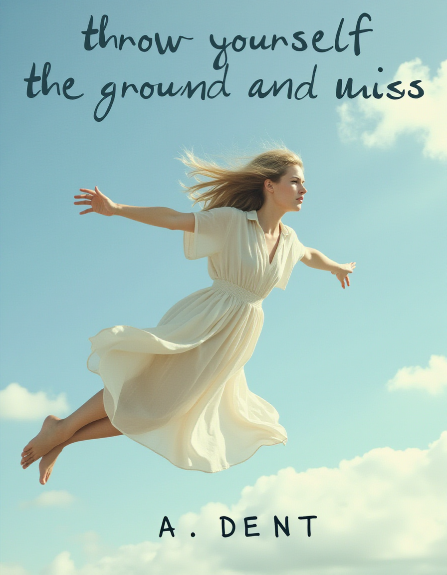 the image is of a book cover featuring a woman flying through the sky, arms outstretched
she's 20 years old, she has long blonde hair
she's wearing a loose white dress,  the dress is being pulled against her skin by the slipstream as she flies through the air
above the image the title written on the book is "throw yourself at the ground and miss" below the image is the authors name "A. Dent"