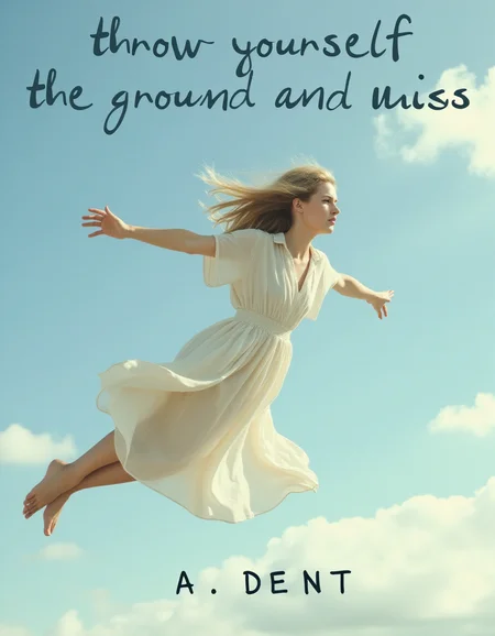 the image is of a book cover featuring a woman flying through the sky, arms outstretched
she's 20 years old, she has long blonde hair
she's wearing a loose white dress, the dress is being pulled against her skin by the slipstream as she flies through the air
above the image the title written on the book is "throw yourself at the ground and miss" below the image is the authors name "A. Dent"