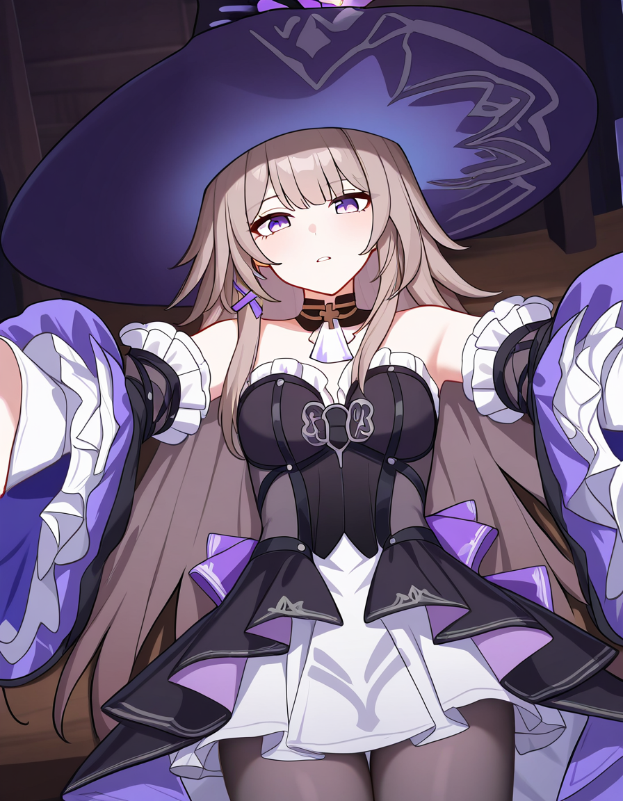masterpiece, best quality, newest, absurdres, highres, safe,, <lora:the-herta-illustriousxl-lora-nochekaiser:1>, the herta, the herta (honkai: star rail), brown hair, long hair, purple eyes, medium breasts,, bare shoulders, black dress, black hat, detached sleeves, hat, hat flower, hat ornament, long sleeves, pantyhose, witch hat, shack, small, wood, old, rural, , on back, arm support, arms up, incoming hug, pov, reaching, reaching towards viewer, looking at viewer, solo,, cowboy shot, solo
