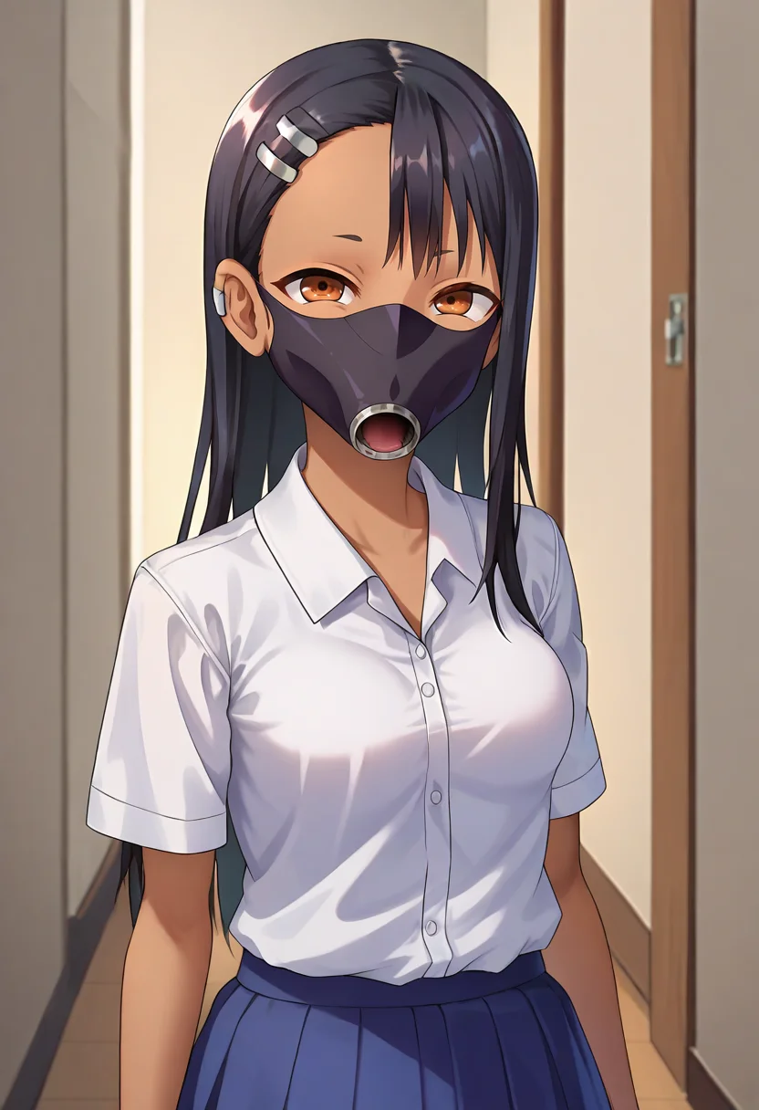 score_7_up,anime,1girl,solo,medium breasts,<lora:fellamask_XL_v1_wasabiya:1>,fellamask,upper body,dark-skinned female,nagatoro hayase, school, hallway