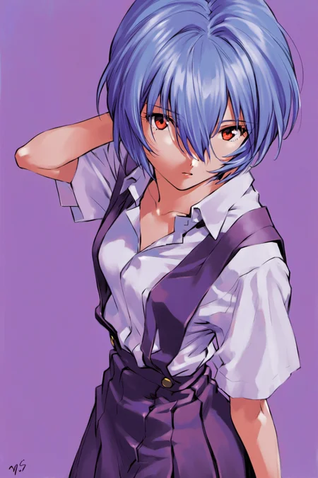 1girl, ayanami rei, solo, red eyes, short hair, school uniform, blue hair, tokyo-3 middle school uniform, signature, short sleeves, hair between eyes, suspender skirt, purple background, bangs, purple theme, shirt, cowboy shot, looking to the side, skirt, white shirt, looking at viewer, parted lips, suspenders, <lora:Sadamoto Yoshiyuki_XL_V2:0.8>