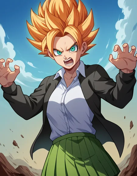 score_9, score_8_up, score_7_up, source_anime, <lora:super-saiyan-ponyxl-lora-nochekaiser:1>, super saiyan, spiky hair, aura, open mouth, closed hands, shouting, breast,
<lora:nnakano-s2-ponyxl-lora-nochekaiser:1>,
skirt, shirt, long sleeves, white shirt, pleated skirt, open clothes, collared shirt, sleeves past wrists, dress shirt, cardigan, green skirt, open cardigan, black cardigan,
wasteland, sky, blue sky, clouds,, cowboy shot, dutch angle, looking at viewer,