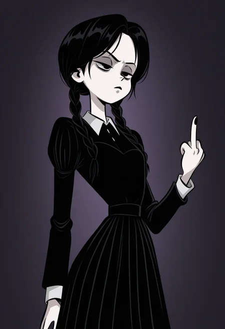 kricfalusistyle, masterpiece, best quality, solo, wednesday addams, black hair, black dress, unimpressed, middle finger,