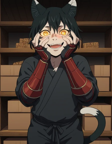 score_9, score_8_up, score_7_up, source_anime, <lora:izutsumi-s1-ponyxl-lora-nochekaiser:1>, izutsumi, black hair, animal ears, tail, yellow eyes, cat ears, cat tail, cat girl, slit pupils,, japanese clothes, gauntlets, ninja, black shirt, black pants,, warehouse, storage, shelves, boxes, large, , <lora:yandere-trance-ponyxl-lora-nochekaiser:1>, yandere trance, yandere, hands on own cheeks, hands on own face, crazy eyes, crazy smile, crazy, heart-shaped pupils, glowing eyes, symbol-shaped pupils, hand on own face, open mouth, glowing, blush, looking at viewer,, looking at viewer, solo,, dutch angle, cowboy shot