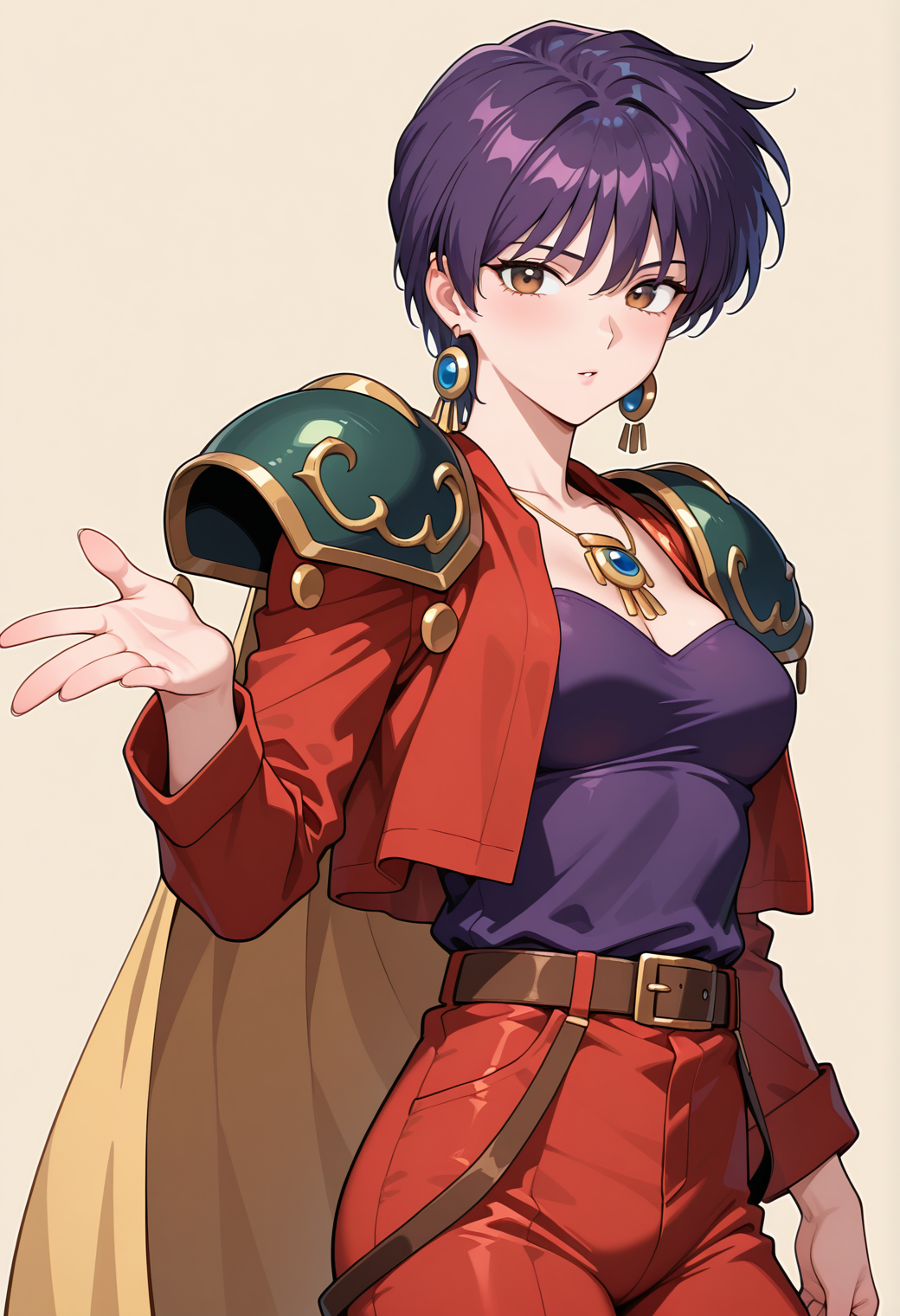 masterpiece, best quality, amazing quality, 1girl, solo,
<lora:komiyama_airi_v01:0.9>, komiyama_airi, purple hair, short hair, brown eyes,
earrings, pauldrons, yellow cape, red jacket, long sleeves, necklace, purple camisole, strapless, belt, red pants, posing, upper body
