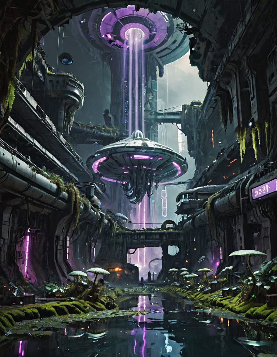 <lora:SWL_Underground1xlb:0.7> swlu1, cyberpunk, underground, futuristic, abandoned, image7, photo of futuristic flooded ruin, suspended alien spacecraft glowing violet, biopunk architecture, moss-covered megastructures, overgrown sci-fi city, glowing water plants, cyberpunk lighting, reflective water, mystical atmosphere, volumetric light rays, abandoned but alive, cinematic, photorealistic, epic vertical scale, giant white worms, lots of slimy tentacles  moving up in the air,