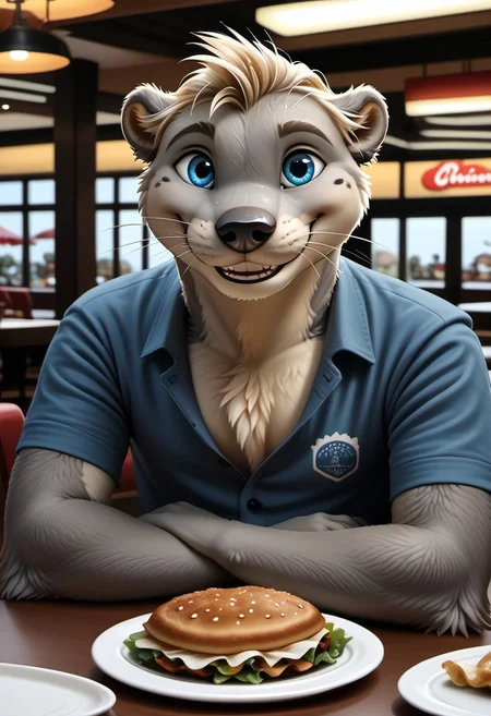 F.M PDXL, anthro, male sea otter, whiskers, tufted fur, tufted ears, cheast tuft, otter tail, detailed fur, blond hair, grey fur, blue eyes, otter teeth, smile, sitting at restaurant, solo, dinner,