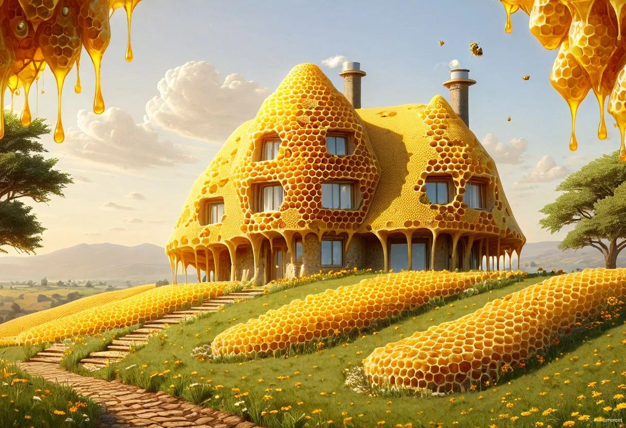 ral-hnycmb, honeycomb farm house on a hill