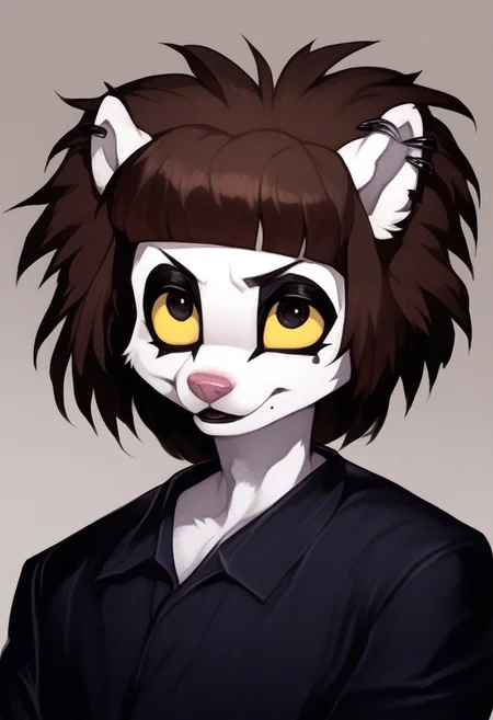 score_9, score_8_up, score_7_up, score_6_up, solo, anthro furry fyrry male ferret, brown hair, blunt bangs, black eyes, yellow sklera, eyeliner, black lips, mole, pale, portrait <lora:Trad_Goth_test:1.5> <lora:[GP] somethingweird [Pony XL]:1>