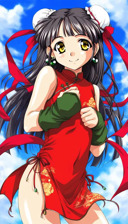 score_9, score_8_up, score_7_up, source_anime, rating_explicit, BREAK <lora:Kounyan_Ver2.0_XL:1> Kounyan, black hair, double bun, hair bun, bun cover, yellow eyes, ribbon, earrings, green_jewelry,
red china dress,
red ribbon, long hair, outdoor, sky,
smile,
looking at viewer,
cowboy_Shot,