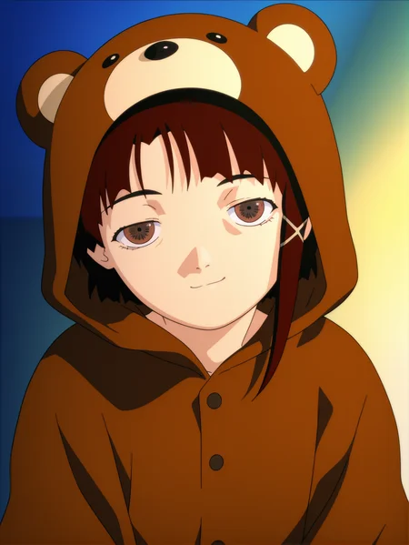 masterpiece, best quality, amazing quality, absurdres, newest, dynamic_angle, defined facial features, anime coloring, anime screencap, uncensored,
<lora:Lain_IL1.1v0:1.5> iwakura lain \(sel\), ((bear costume:1.5, animal costume:1.5)), seductive smile, come hither, naughty face, upper body,