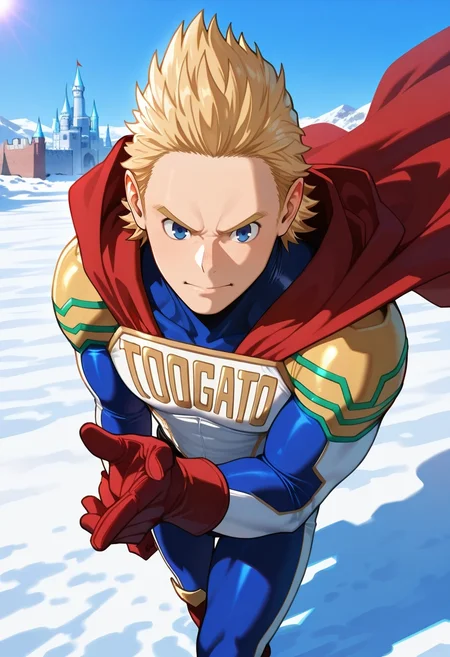 masterpiece, best quality, intricate details, (realistic:0.6), , 1boy, solo, male focus, <lora:mirio_toogata_ilxl:0.96>, mirio_toogata, blonde hair, blue eyes, short hair, spiked hair, bodysuit, superhero, red cape, winter castle, ice towers, snow courts, frost gardens, royal pose, majestic expression, morning,
