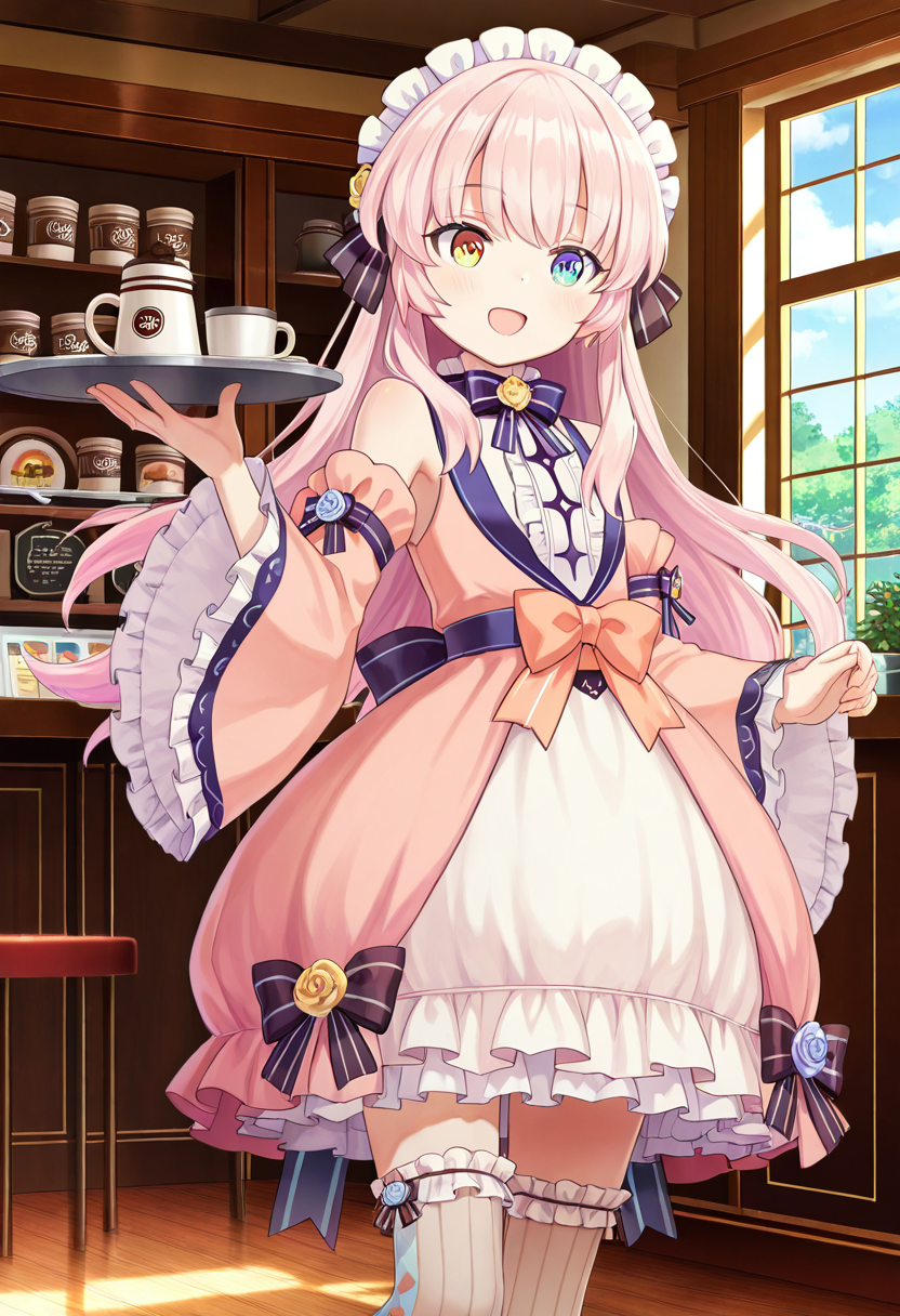 1girl, solo, little girl, waitress, carrying coffee cups on a tray, hand up, guide, <lora:eksistere_ill_v1:1>, eksistere, long hair, pink hair, frill headdress, yellow blue heterochromia, pink dress, white skirt, skirt up, frill thighhighs, vertical stripes, black string from skirt, wide sleeves, bare shoulders, striped bow, yellow blue rose, open mouth smile, indoors, coffee lounge,
extremely detailed anime cg, anime screencap, anime artwork, amazing quality, very aesthetic, absurdres, newest,