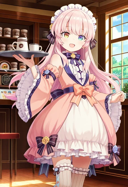 1girl, solo, little girl, waitress, carrying coffee cups on a tray, hand up, guide, <lora:eksistere_ill_v1:1>, eksistere, long hair, pink hair, frill headdress, yellow blue heterochromia, pink dress, white skirt, skirt up, frill thighhighs, vertical stripes, black string from skirt, wide sleeves, bare shoulders, striped bow, yellow blue rose, open mouth smile, indoors, coffee lounge,
extremely detailed anime cg, anime screencap, anime artwork, amazing quality, very aesthetic, absurdres, newest,