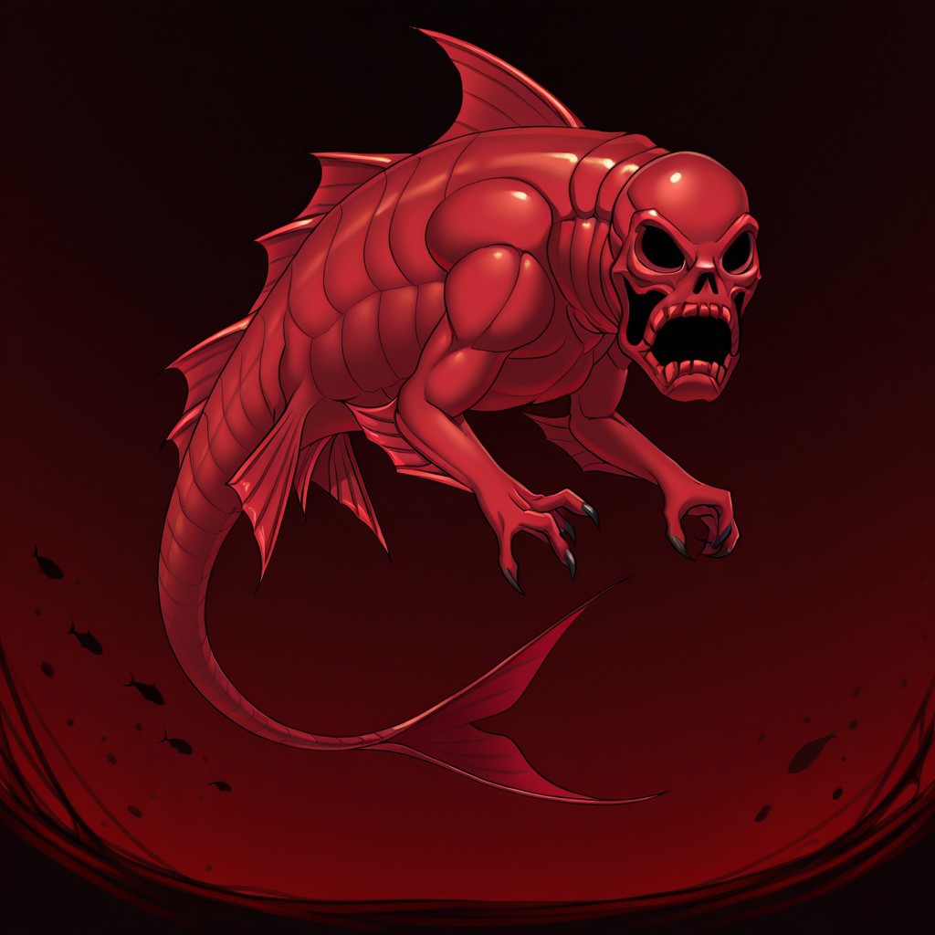 masterpiece, high quality, absurdres, 
CreepyRed, creepyred2, skeleton, 2 arms, 3-clawed hands, fins, flippers, caudal fin, dorsal fin, pectoral fin, red skin, solo, hollow eyes, monster, tail, claws, no humans, fish,
