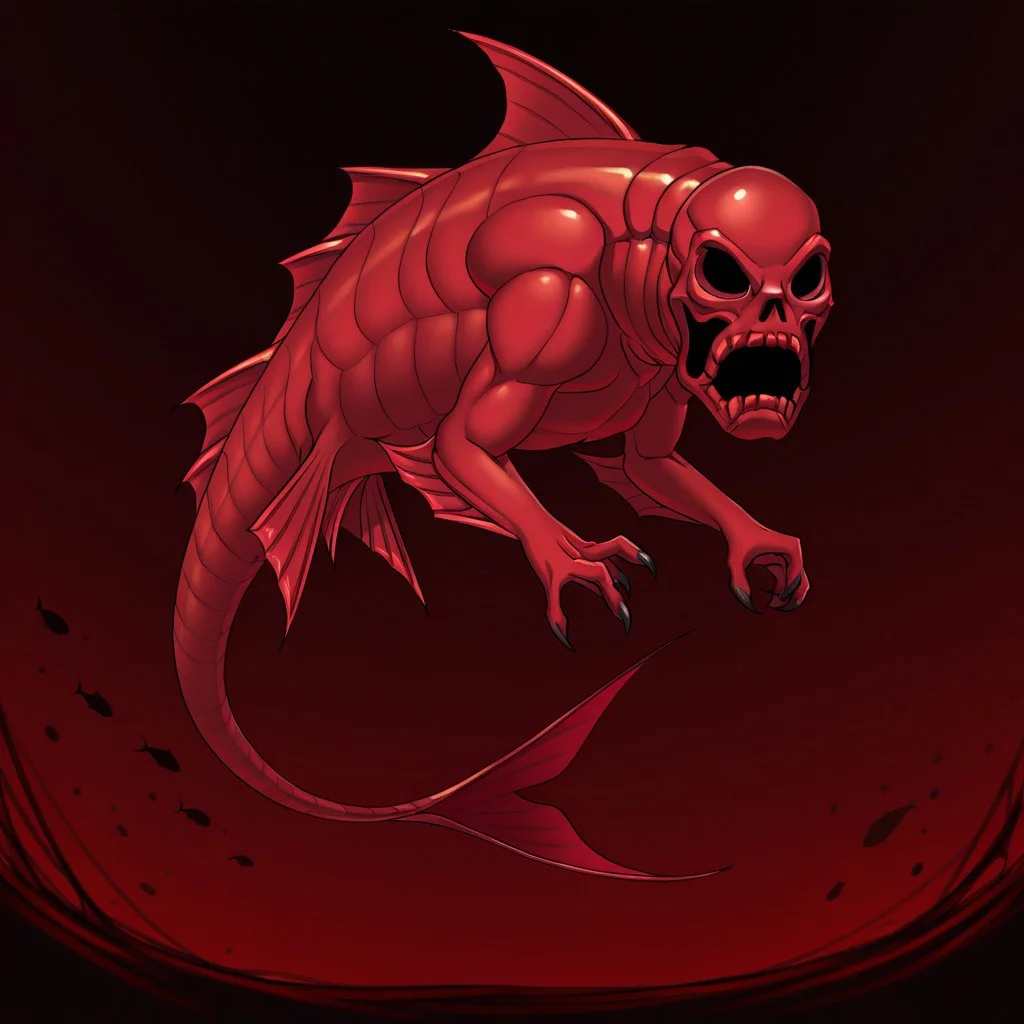 masterpiece, high quality, absurdres, 
CreepyRed, creepyred2, skeleton, 2 arms, 3-clawed hands, fins, flippers, caudal fin, dorsal fin, pectoral fin, red skin, solo, hollow eyes, monster, tail, claws, no humans, fish,