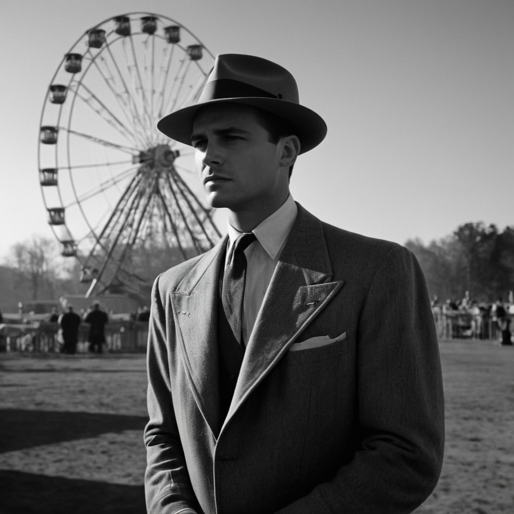 cinematic film still of  <lora:1940's style:1>
In the 1940's a man standing in front of a ferris wheel,solo,long sleeves,1boy,hat,holding,jacket,monochrome,greyscale,male focus,outdoors,necktie,sky,facial hair,formal,suit,smoking,fedora  ,realistic,realism,perfection,perfect,filmic,retro,vintage,classic,different haircut,different look,different style,1940's style , 1940 style, shallow depth of field, vignette, highly detailed, high budget, bokeh, cinemascope, moody, epic, gorgeous, film grain, grainy