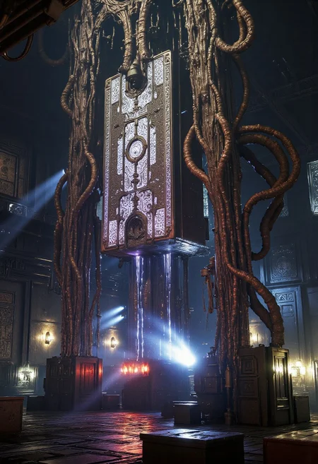 Inside a dim, industrial SCP Foundation containment chamber stands a towering, organic-mechanical structure — SCP-003, known as the "biological motherboard." Its surface is a fusion of pulsing organic mass and high-tech components, rising like a grotesque monument.
The structure is covered in thick, writhing tentacles that extend outward, some coiling around metallic support beams, others merging with the floor and surrounding data consoles. Across its body are etched glowing anomalous runes, softly flickering with pale blue and violet light, shifting patterns as if alive.
Numerous cables and fiber-optic wires connect the entity to wall-mounted SCP monitoring equipment. Along its surface, small arcs of electricity leap intermittently between implants and interface nodes, generating brief flashes of white and blue light that illuminate the containment chamber.
Steam rises from cooling vents, and warning lights flicker in the background. Around the base of the entity are sensor pylons, control panels, and half-dismantled equipment scorched by previous overloads. The entire environment radiates tension, mystery, and latent power, as if the machine is sentient and evolving.
The tone is dark and biomechanical, blending alien intelligence, arcane design, and advanced SCP technology, rendered in cinematic detail with rich textures and volumetric lighting, (Neon Mecha-Horror Style, In REME's Charnel Mechanica style,)