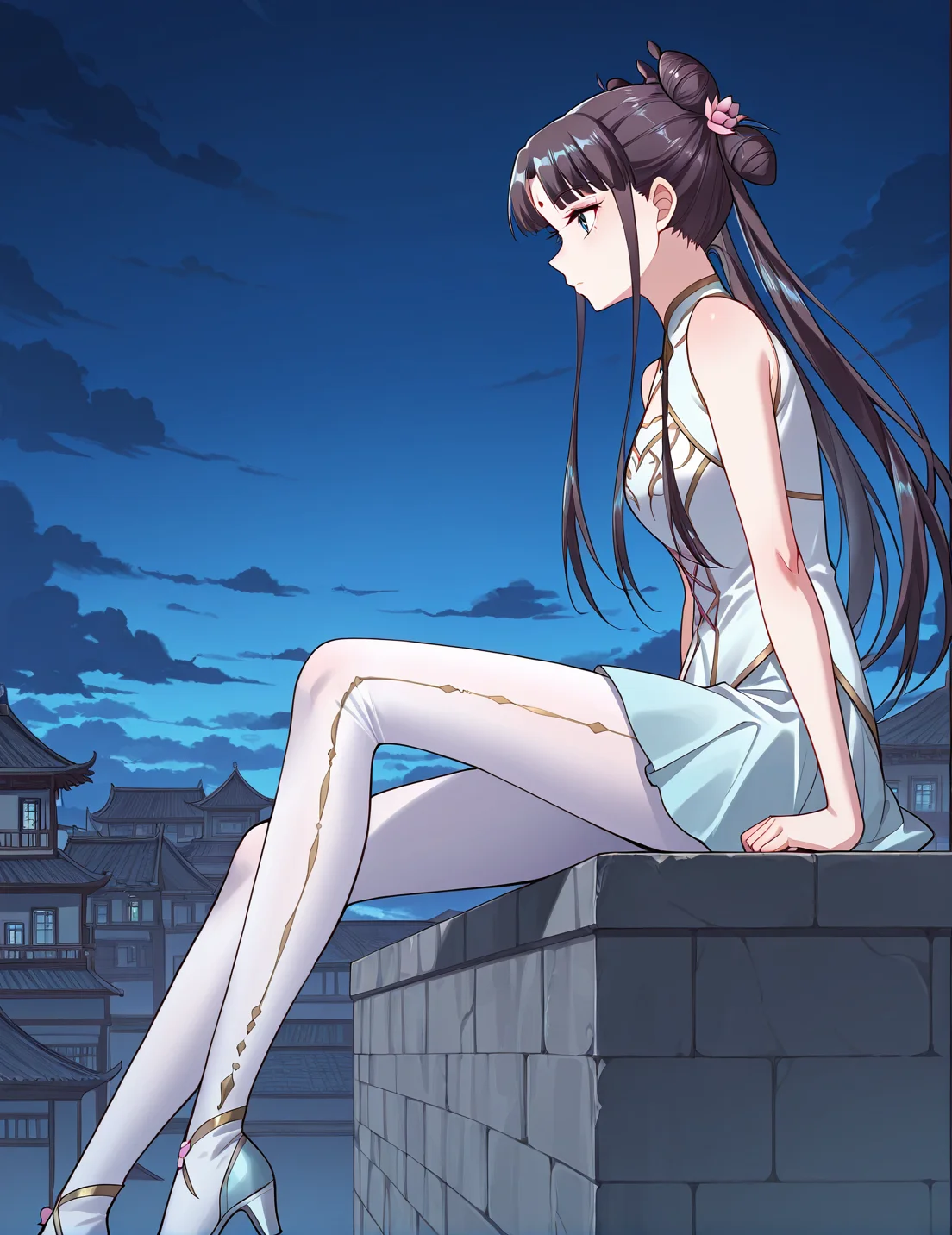 <lora:Gu_Xianer:1>
1 girl, solo, long hair, black hair, twintails, long hair, hair bun, bangs, sidelocks, double bun, blue eyes
chinese dress, forehead mark, skirt, high heels, bare shoulders, white pantyhose, sleeveless, hair flower, hair ornament
score_9, score_8_up, score_7_up, score_6_up, source_anime, masterpiece, best quality, absurdres, highres, newest, anime coloring <break> 1girl, solo, sitting, on wall, from side, town, night sky, cloud